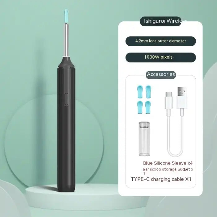 Black wireless ear cleaner with USB-C cable, tip storage, and four replaceable silicone sleeves