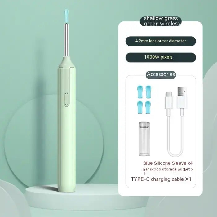 Green wireless ear cleaner with accessories including four blue silicone tips and USB-C cable