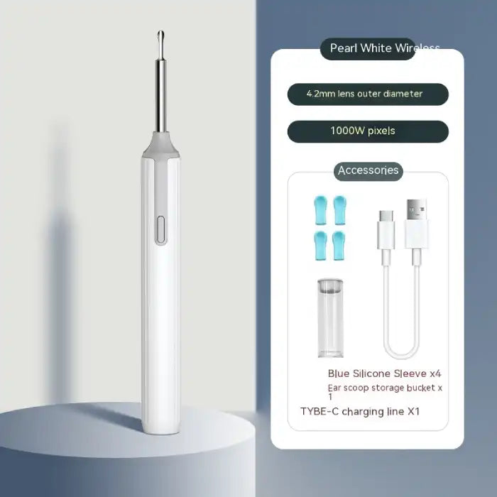 White wireless ear cleaner with blue silicone tips, USB-C cable, and storage case