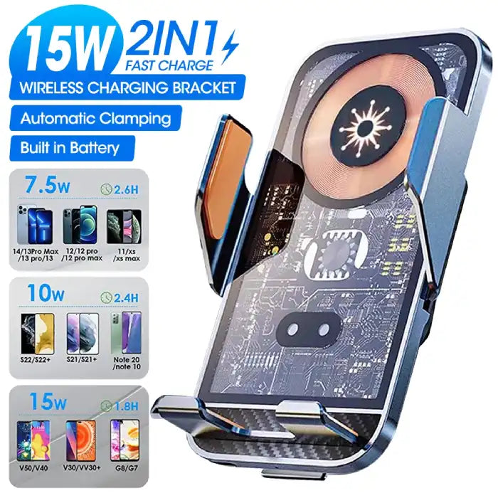 Wireless phone charger with 15W fast charge and auto clamping for smartphones in car mount setup.