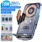 Wireless phone charger with 15W fast charge and auto clamping for smartphones in car mount setup.