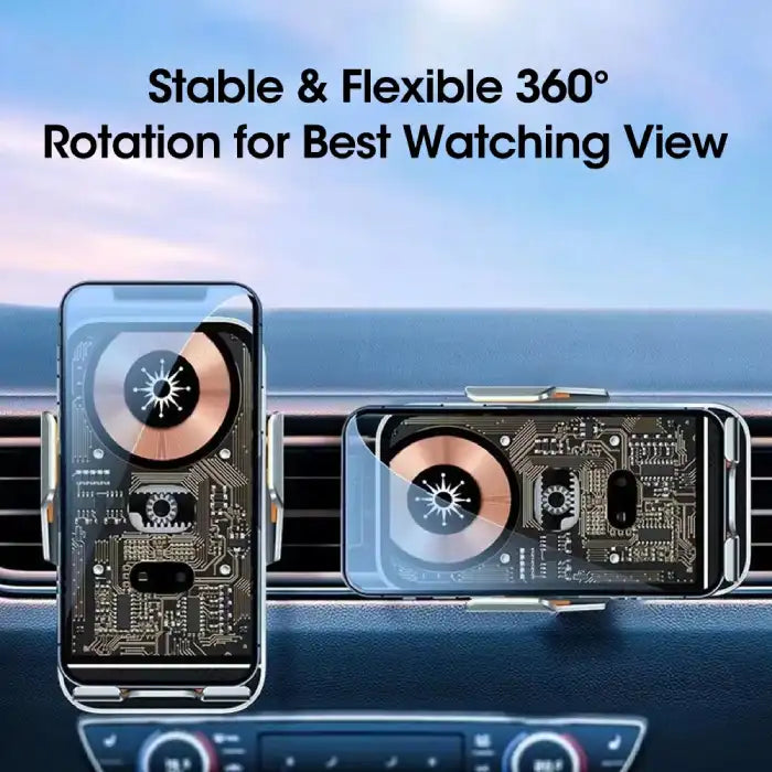 Wireless phone charger with 360-degree rotation for flexible and stable viewing in car vents.