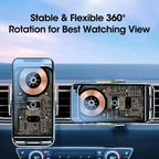 Wireless phone charger with 360-degree rotation for flexible and stable viewing in car vents.