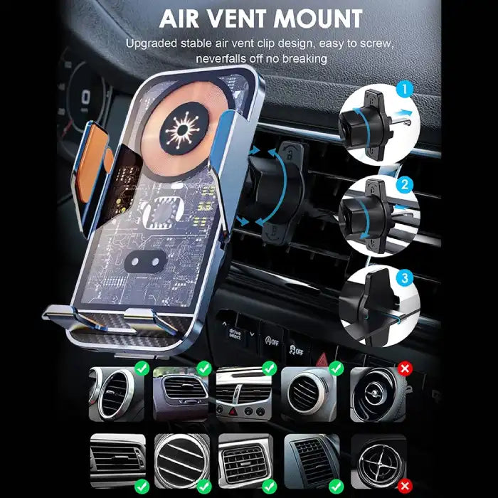 Wireless phone charger with secure air vent mount and stable locking mechanism for car use.