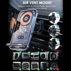 Wireless phone charger with secure air vent mount and stable locking mechanism for car use.