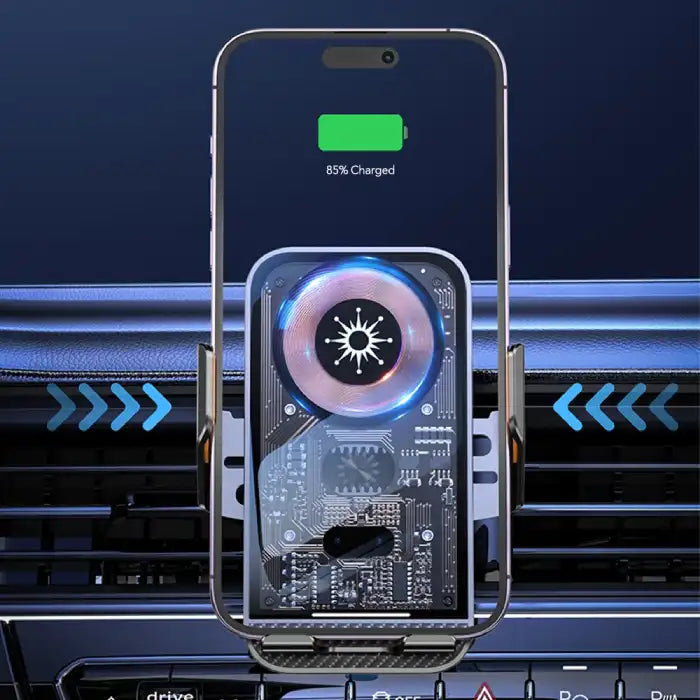 : Wireless phone charger with automatic grip and fast charge display for convenient in-car smartphone use.