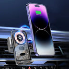 Wireless phone charger with automatic magnetic alignment and fast 15W charging for iPhone in car.
