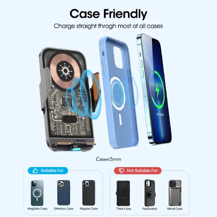 Wireless phone charger supports MagSafe and slim cases up to 5mm thickness for seamless charging.