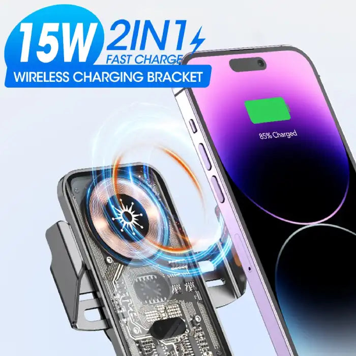 Wireless phone charger showing 15W coil animation and active charging of smartphone on mount.