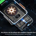 Wireless phone charger compatible with magnetic dock, allowing universal phone pairing and charging.