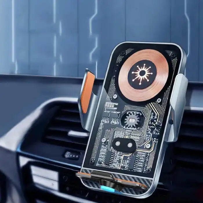 Wireless phone charger featuring copper coil design and circuit board for stable car-mounted charging.