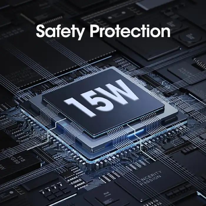 Wireless phone charger with 15W chip ensuring overcharge, overvoltage, and overcurrent protection.