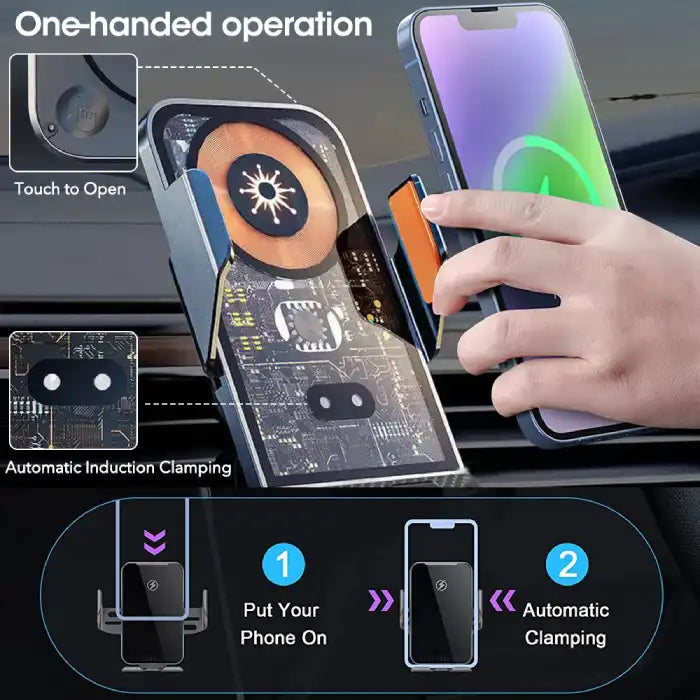 Wireless phone charger with touch to open and automatic clamping using one-handed operation.