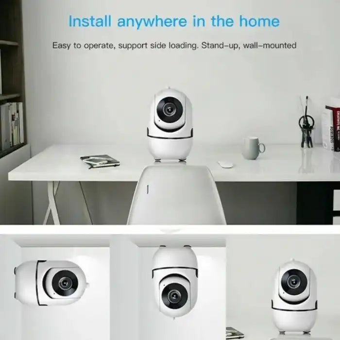 Wireless security camera system shown in desk, wall, and ceiling setups for flexible home installation.