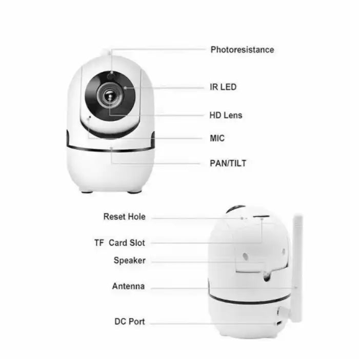 Wireless security camera system front and back view showing labeled components like lens, mic, and speaker.