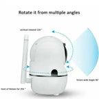 Wireless security camera system with 355° rotation and 120° tilt for wide-angle surveillance coverage.