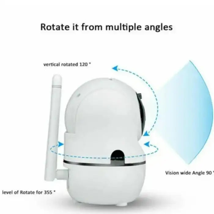 Wireless security camera system with 355° rotation and 120° tilt for wide-angle surveillance coverage.