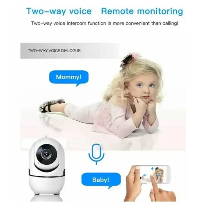 Wireless security camera system with two-way audio for remote baby monitoring and real-time communication.